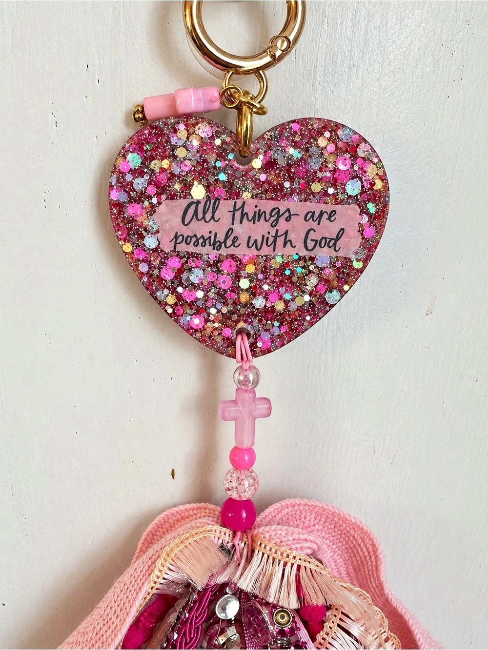 Pink Heart Cross Tassel bag charm (Like New)